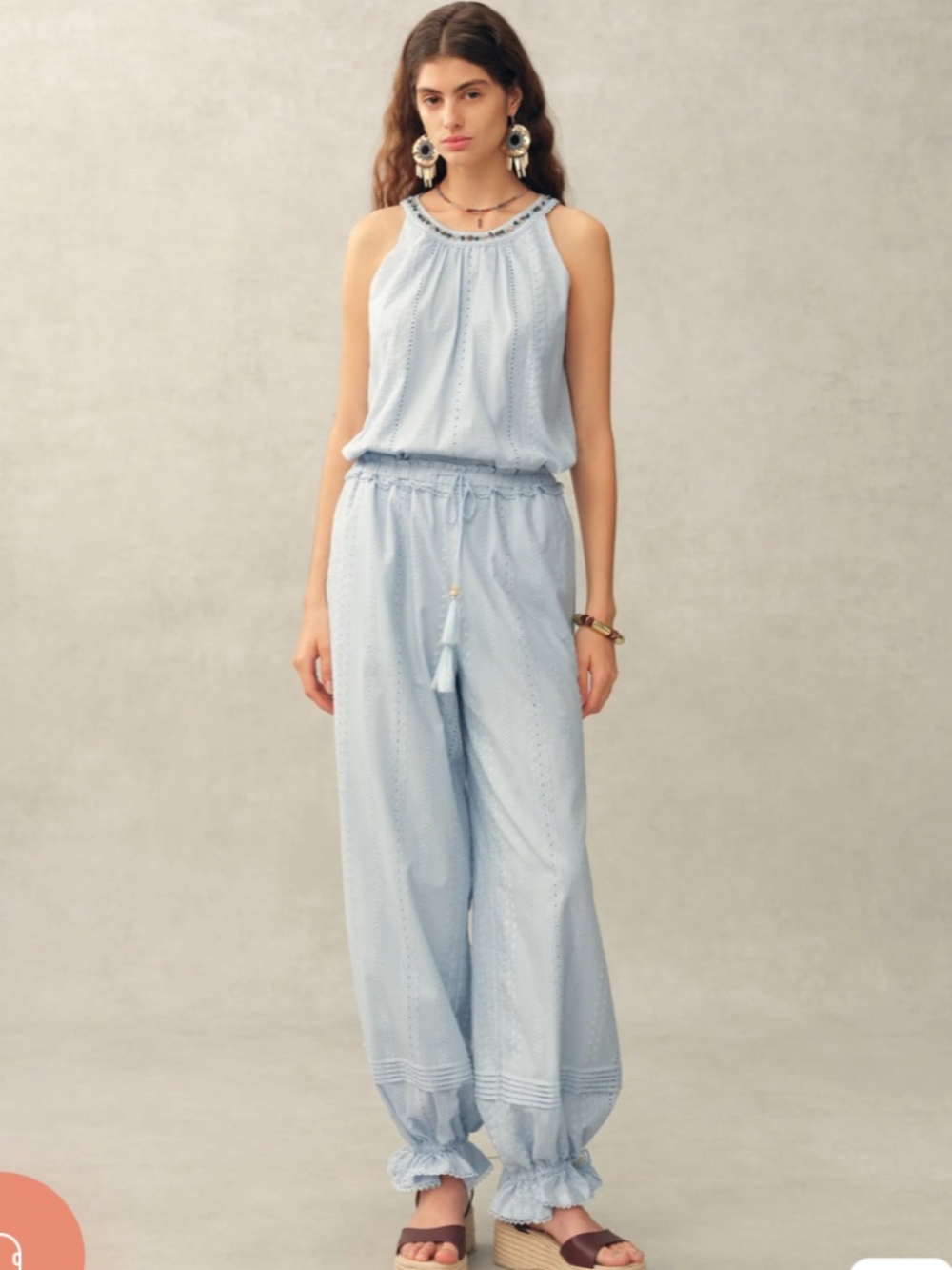 Sleeveless Light Blue Eyelet Jumpsuit with Tassel Drawcord